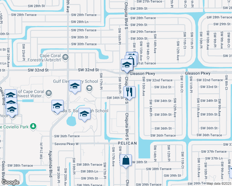 map of restaurants, bars, coffee shops, grocery stores, and more near 1615 Southwest 33rd Terrace in Cape Coral