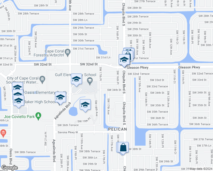 map of restaurants, bars, coffee shops, grocery stores, and more near 1712 Southwest 33rd Terrace in Cape Coral