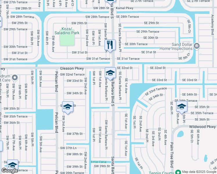 map of restaurants, bars, coffee shops, grocery stores, and more near 3235 Southwest Santa Barbara Place in Cape Coral