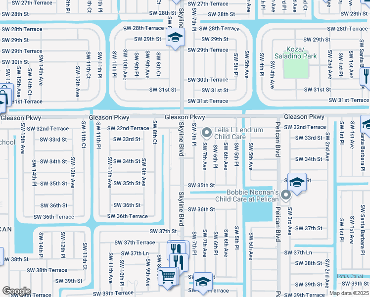 map of restaurants, bars, coffee shops, grocery stores, and more near 3313 Skyline Boulevard in Cape Coral