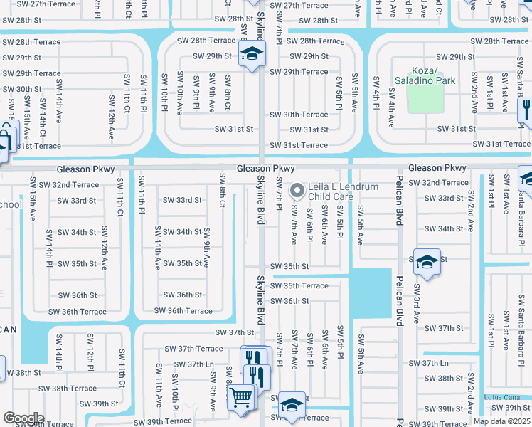 map of restaurants, bars, coffee shops, grocery stores, and more near 3306 Southwest 7th Place in Cape Coral