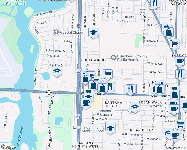map of restaurants, bars, coffee shops, grocery stores, and more near 1326 New World Avenue in Lantana