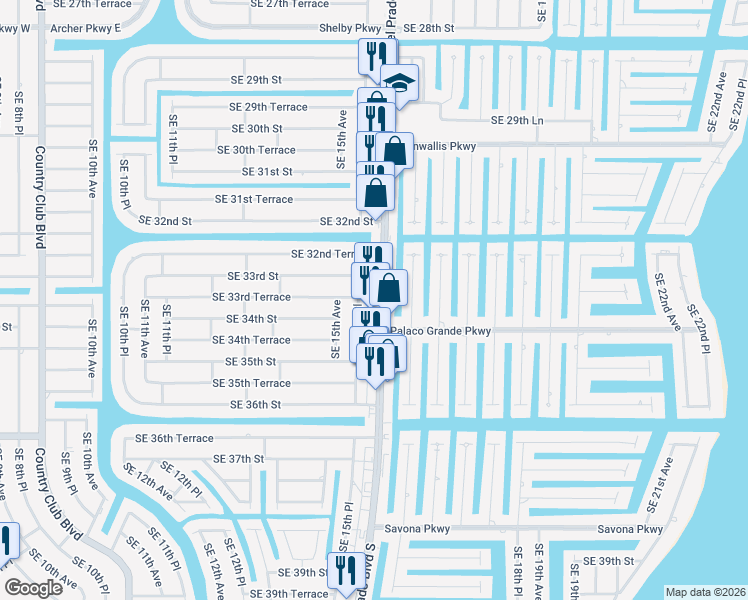 map of restaurants, bars, coffee shops, grocery stores, and more near 3310 Del Prado Boulevard South in Cape Coral