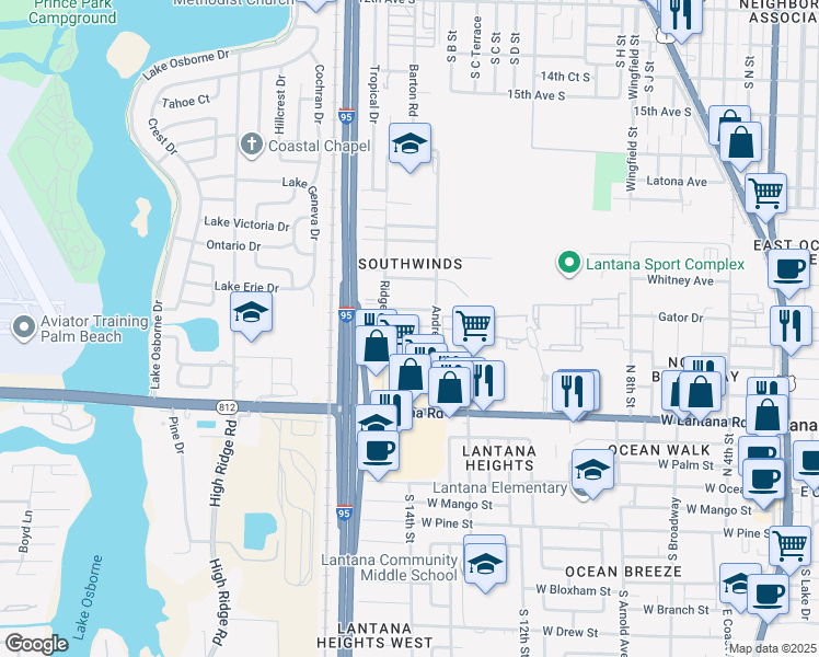 map of restaurants, bars, coffee shops, grocery stores, and more near 728 Ridge Road in Lantana