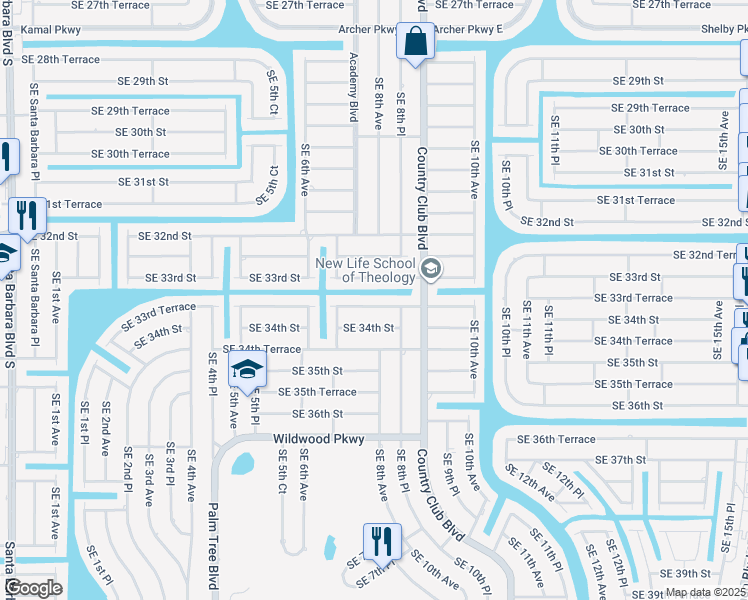 map of restaurants, bars, coffee shops, grocery stores, and more near 710 Southeast 33rd Street in Cape Coral