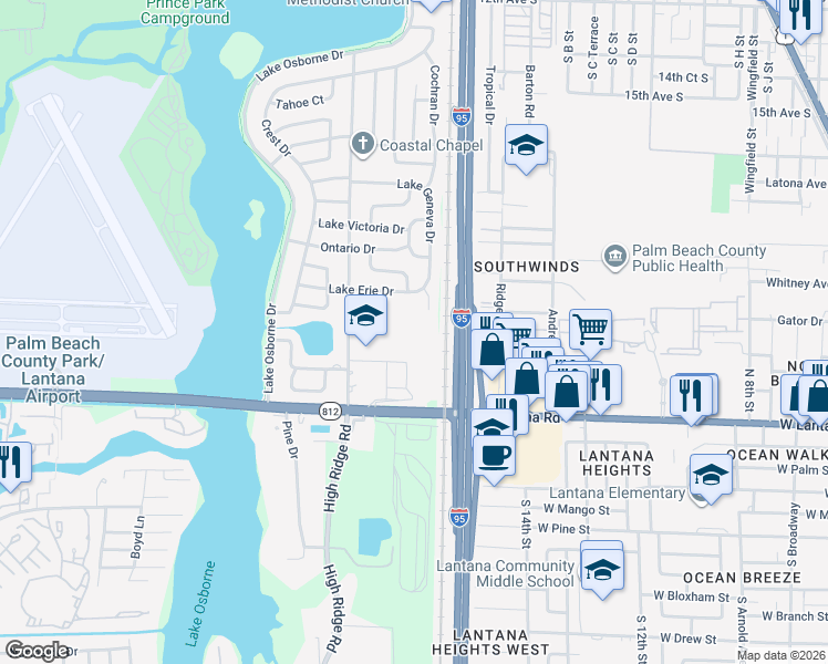 map of restaurants, bars, coffee shops, grocery stores, and more near 1800 South Drive in Lake Worth