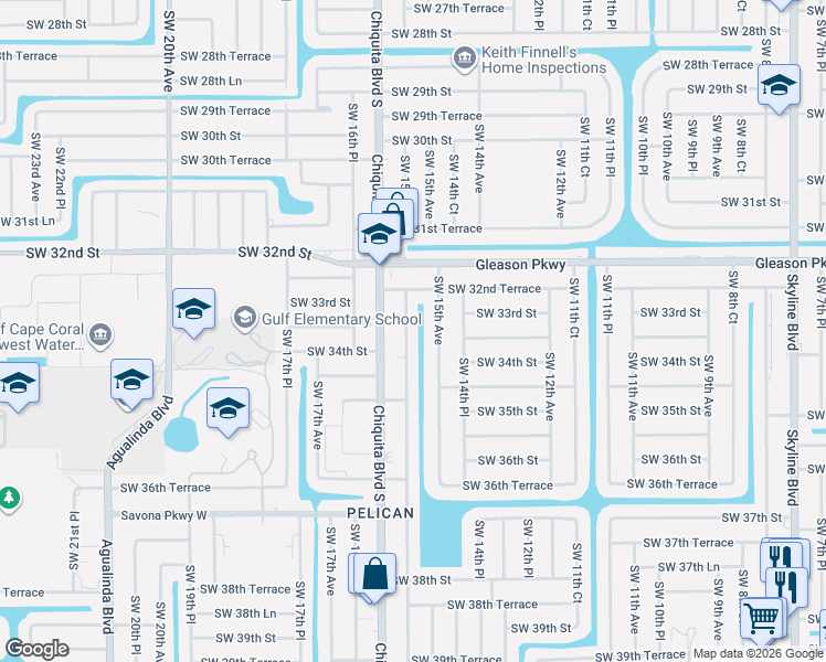 map of restaurants, bars, coffee shops, grocery stores, and more near 3302 Southwest 15th Avenue in Cape Coral