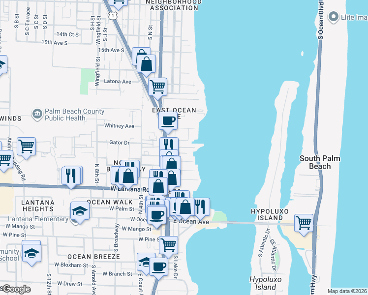 map of restaurants, bars, coffee shops, grocery stores, and more near 366 Moorings Drive in Lantana