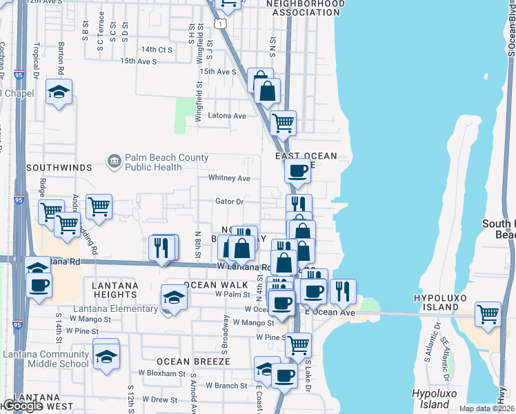 map of restaurants, bars, coffee shops, grocery stores, and more near 402 Gator Drive in Lantana