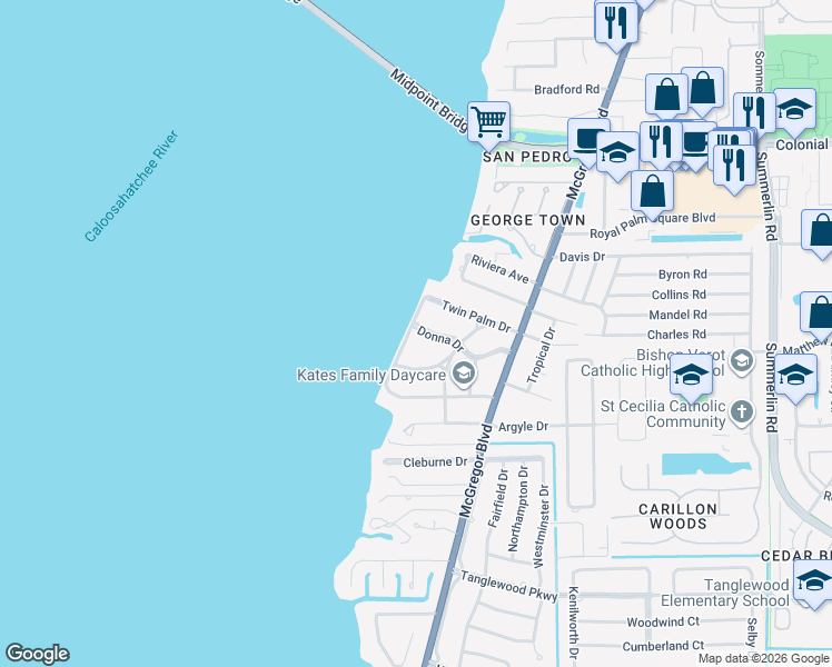 map of restaurants, bars, coffee shops, grocery stores, and more near 1205 Donna Drive in Fort Myers