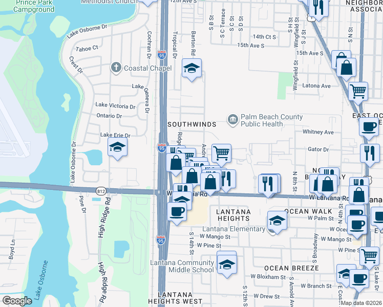 map of restaurants, bars, coffee shops, grocery stores, and more near 1326 New World Avenue in Lantana