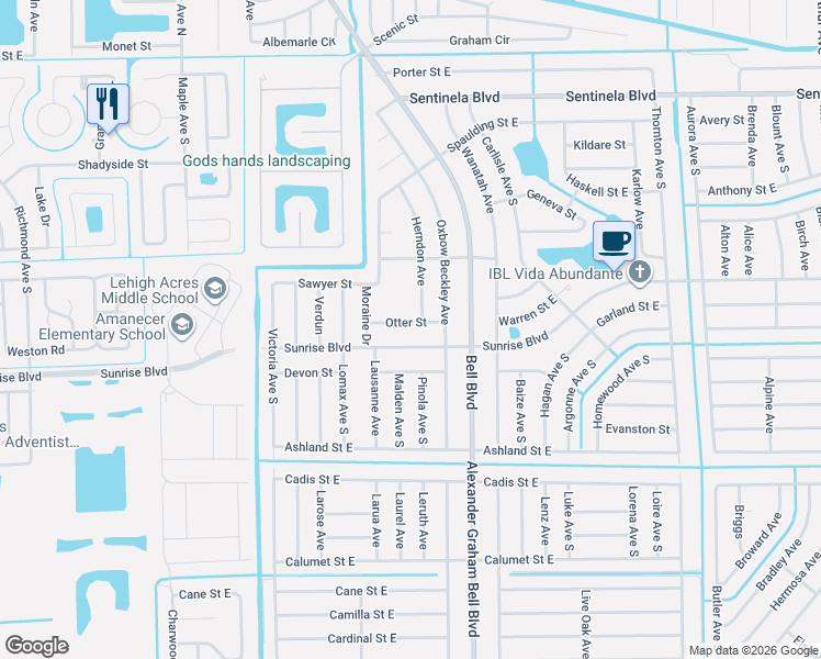 map of restaurants, bars, coffee shops, grocery stores, and more near 736 Otter Street in Lehigh Acres