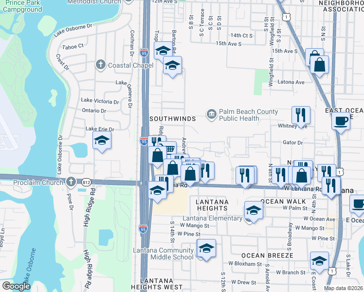 map of restaurants, bars, coffee shops, grocery stores, and more near in Lantana