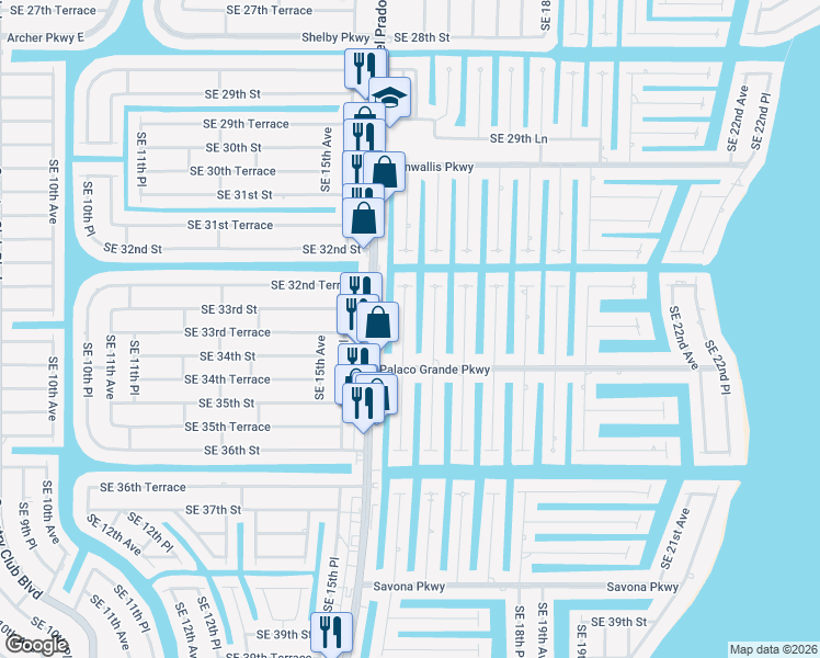 map of restaurants, bars, coffee shops, grocery stores, and more near 3335 Southeast 16th Place in Cape Coral