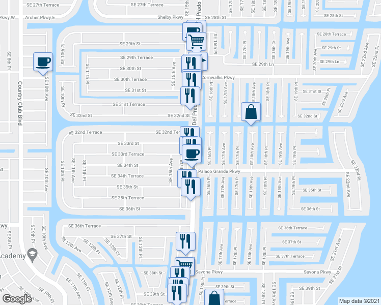 map of restaurants, bars, coffee shops, grocery stores, and more near 3310 Del Prado Boulevard South in Cape Coral