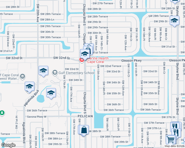 map of restaurants, bars, coffee shops, grocery stores, and more near 3302 Southwest 15th Avenue in Cape Coral
