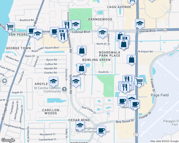 map of restaurants, bars, coffee shops, grocery stores, and more near 1583 Matthew Drive in Fort Myers
