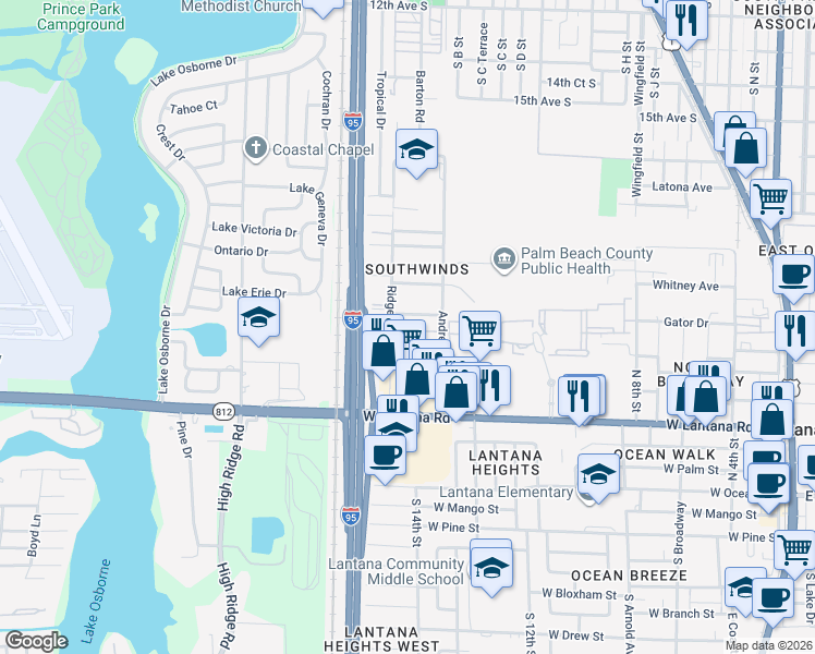 map of restaurants, bars, coffee shops, grocery stores, and more near 1326 New World Avenue in Lantana