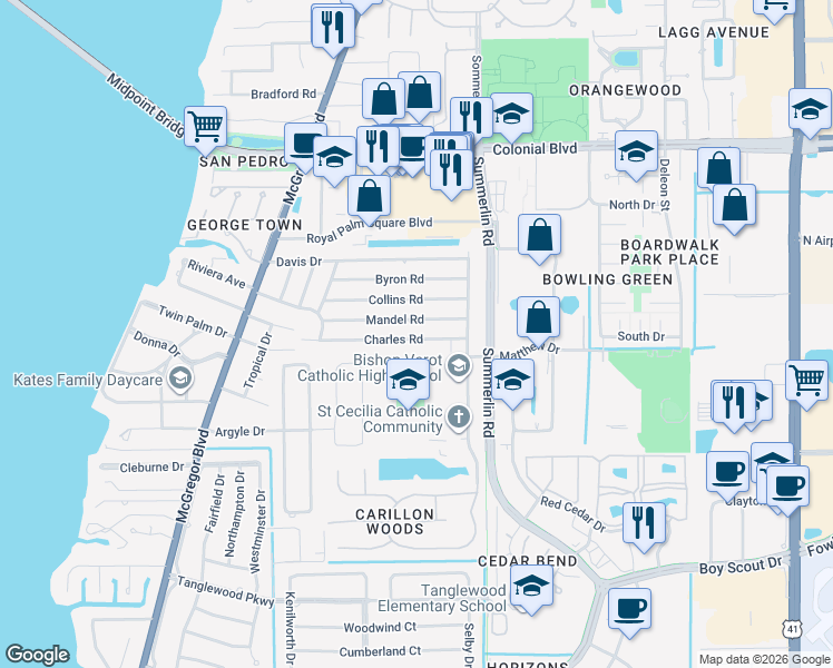 map of restaurants, bars, coffee shops, grocery stores, and more near 1445 Charles Road in Fort Myers