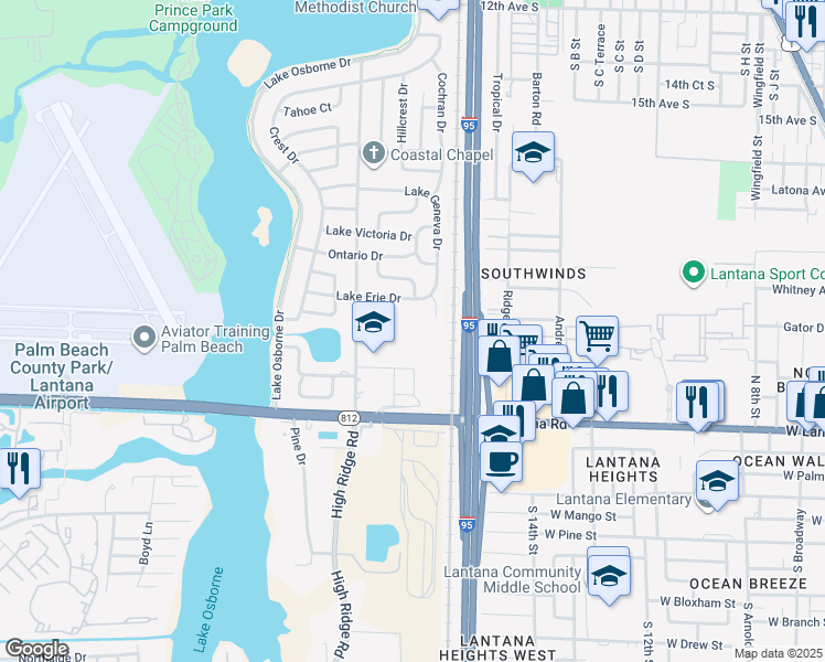 map of restaurants, bars, coffee shops, grocery stores, and more near 1800 South Drive in Lake Worth
