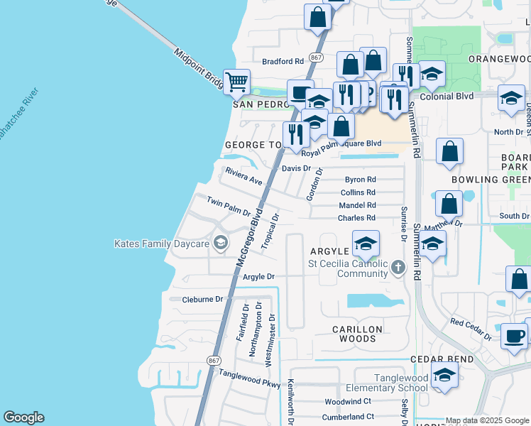 map of restaurants, bars, coffee shops, grocery stores, and more near 10421 McGregor Boulevard in Fort Myers
