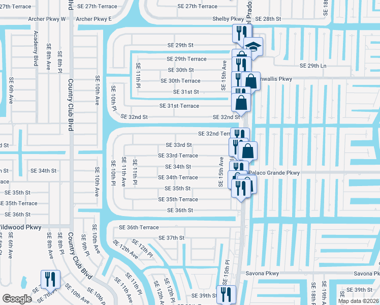 map of restaurants, bars, coffee shops, grocery stores, and more near 1319 Southeast 33rd Terrace in Cape Coral