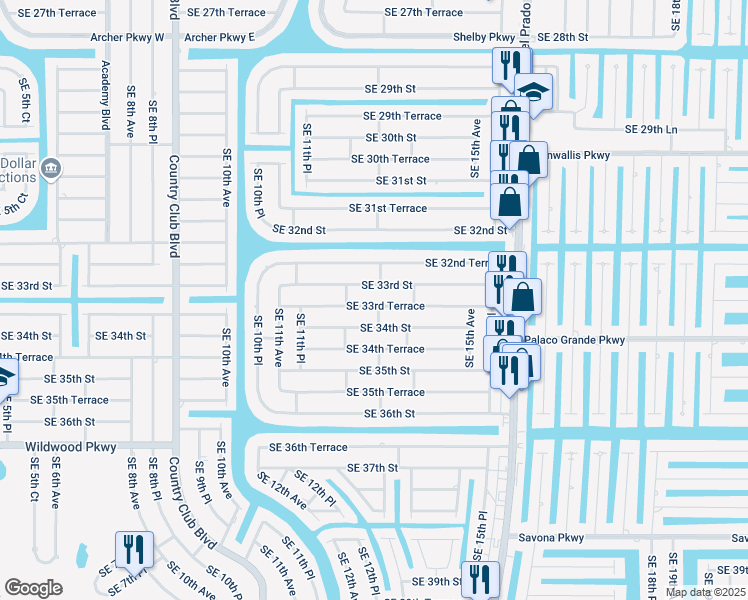 map of restaurants, bars, coffee shops, grocery stores, and more near 1217 Southeast 33rd Terrace in Cape Coral
