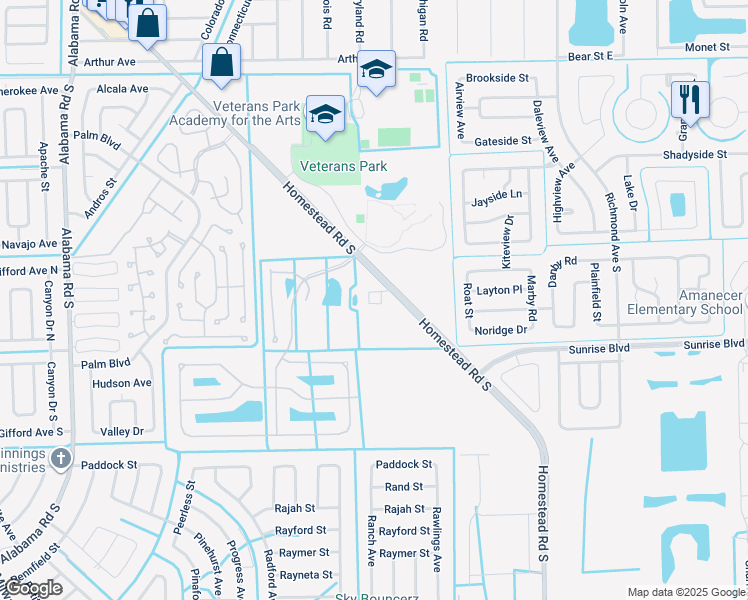map of restaurants, bars, coffee shops, grocery stores, and more near 146 Homestead Road South in Lehigh Acres