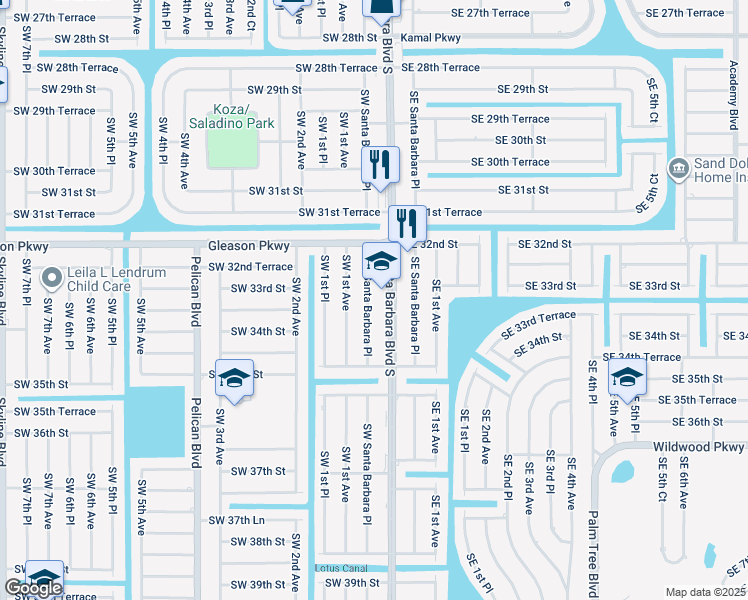 map of restaurants, bars, coffee shops, grocery stores, and more near 3235 Southwest Santa Barbara Place in Cape Coral