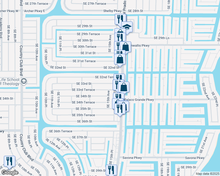 map of restaurants, bars, coffee shops, grocery stores, and more near 1503 Southeast 33rd Terrace in Cape Coral