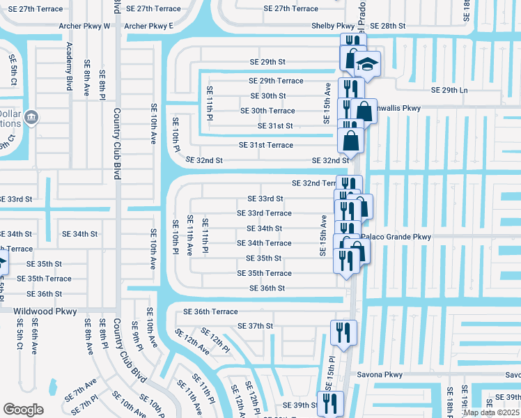 map of restaurants, bars, coffee shops, grocery stores, and more near 1217 Southeast 33rd Terrace in Cape Coral