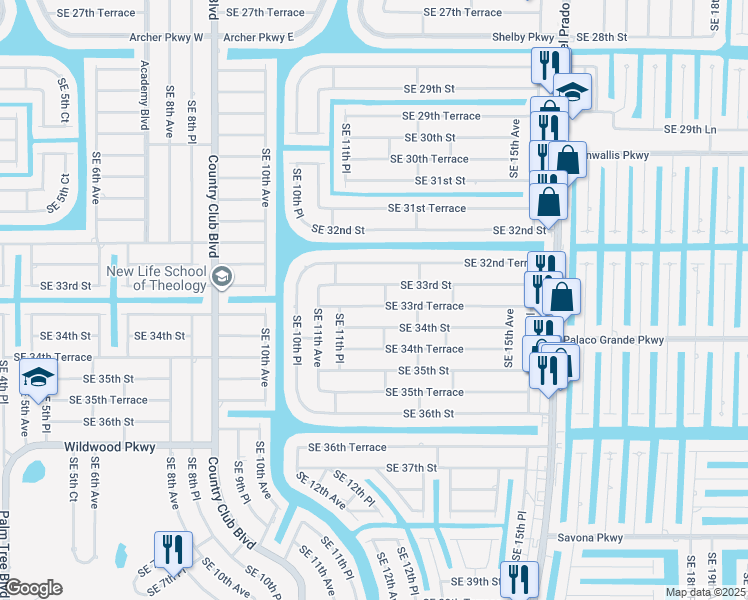 map of restaurants, bars, coffee shops, grocery stores, and more near 1137 Southeast 33rd Terrace in Cape Coral