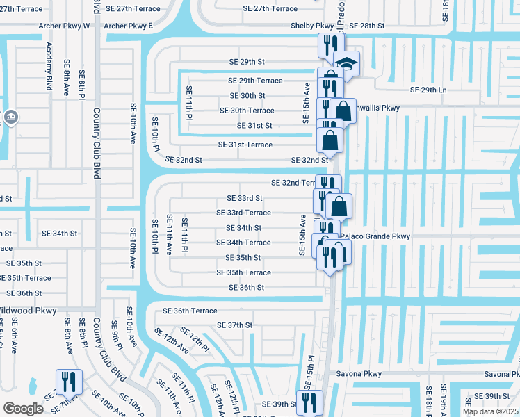 map of restaurants, bars, coffee shops, grocery stores, and more near 1319 Southeast 33rd Terrace in Cape Coral