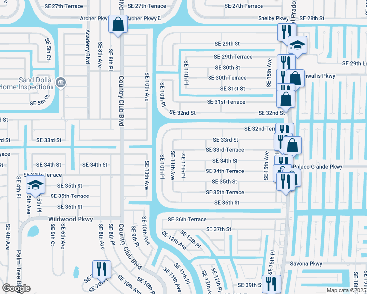 map of restaurants, bars, coffee shops, grocery stores, and more near 1113 Southeast 33rd Terrace in Cape Coral