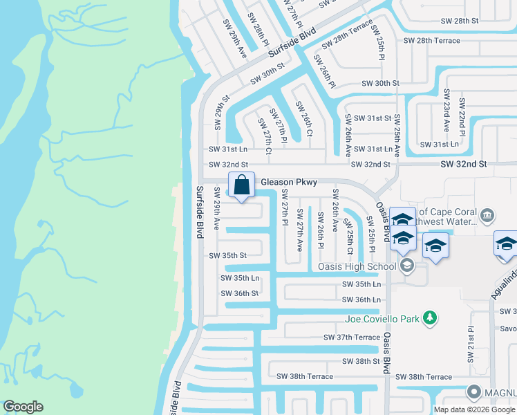 map of restaurants, bars, coffee shops, grocery stores, and more near 2802 Southwest 33rd Street in Cape Coral