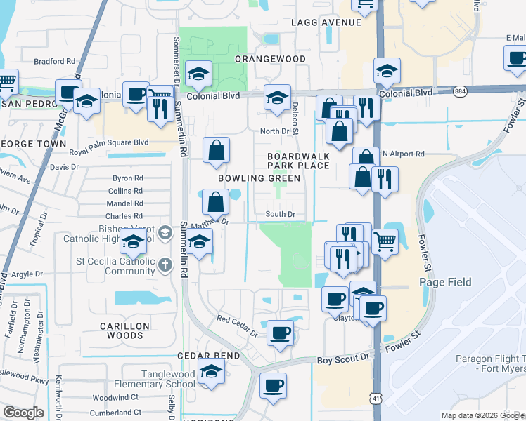 map of restaurants, bars, coffee shops, grocery stores, and more near 1639 South Drive in Fort Myers