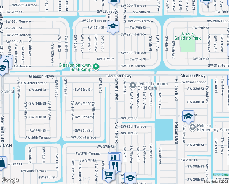 map of restaurants, bars, coffee shops, grocery stores, and more near 3304 Skyline Boulevard in Cape Coral