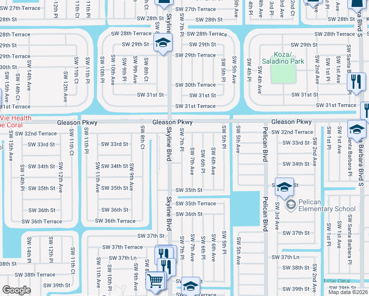 map of restaurants, bars, coffee shops, grocery stores, and more near 3306 Southwest 7th Place in Cape Coral