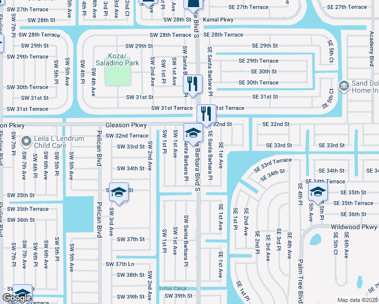 map of restaurants, bars, coffee shops, grocery stores, and more near 3235 Southwest Santa Barbara Place in Cape Coral
