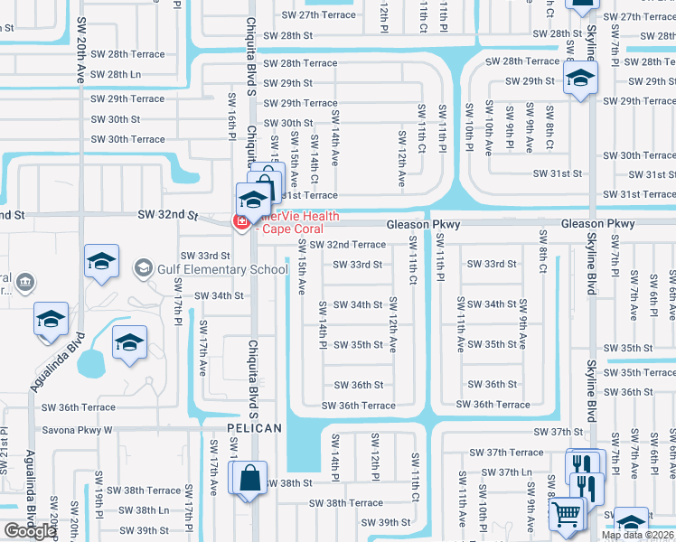 map of restaurants, bars, coffee shops, grocery stores, and more near 1314 Southwest 33rd Street in Cape Coral