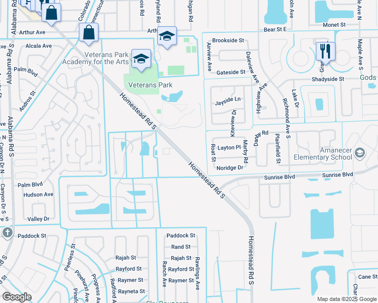 map of restaurants, bars, coffee shops, grocery stores, and more near 151 Homestead Road South in Lehigh Acres