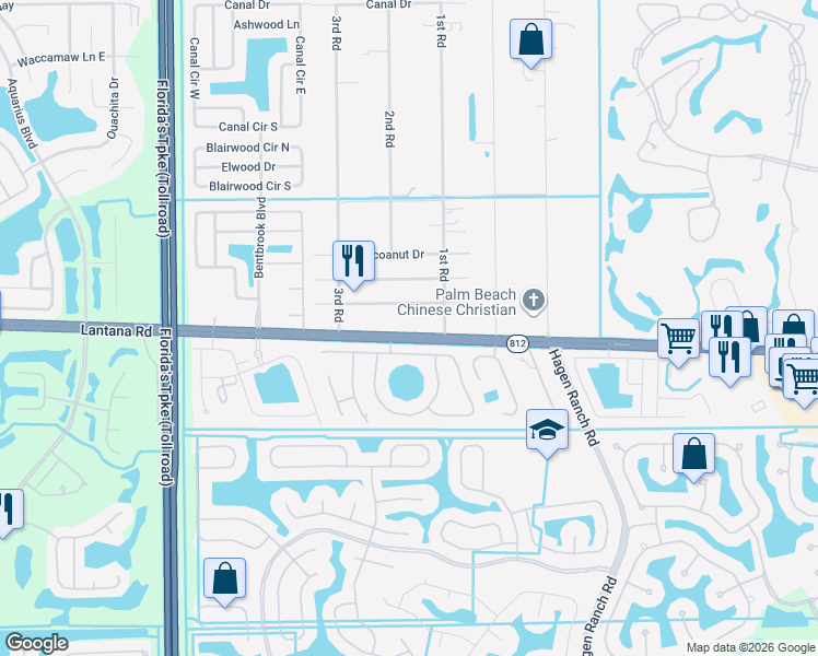 map of restaurants, bars, coffee shops, grocery stores, and more near 7457 Lantana Road in Lake Worth