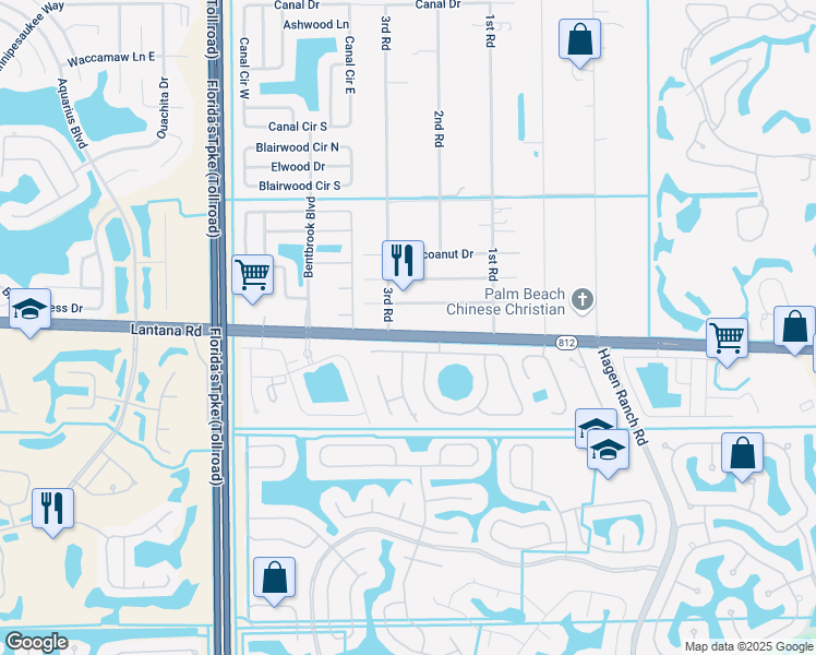 map of restaurants, bars, coffee shops, grocery stores, and more near 7581 Lantana Road in Lake Worth