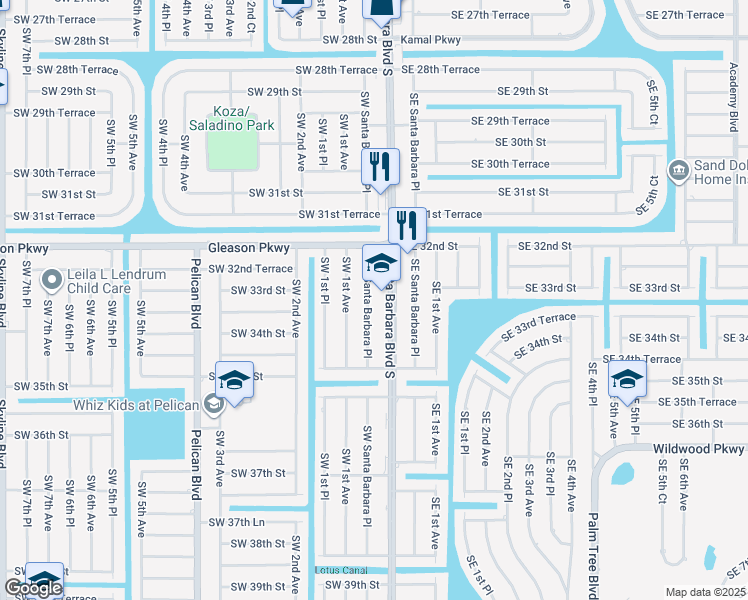 map of restaurants, bars, coffee shops, grocery stores, and more near 3235 Southwest Santa Barbara Place in Cape Coral