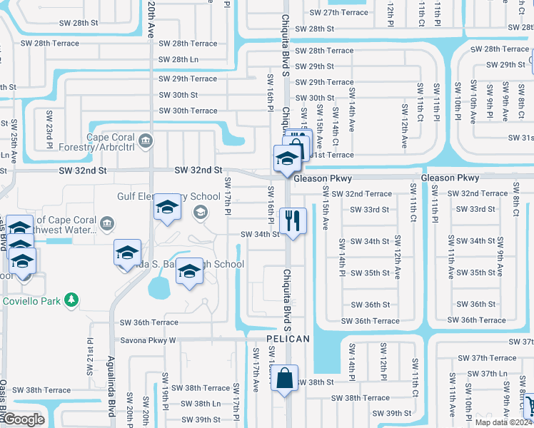 map of restaurants, bars, coffee shops, grocery stores, and more near 1615 Southwest 33rd Terrace in Cape Coral