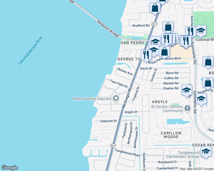 map of restaurants, bars, coffee shops, grocery stores, and more near 1205 Donna Dr in Fort Myers