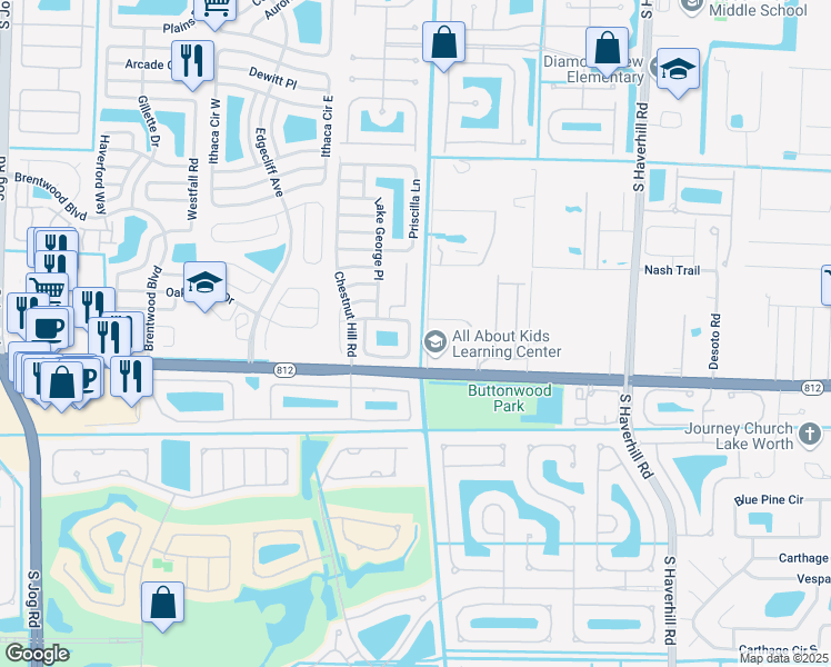 map of restaurants, bars, coffee shops, grocery stores, and more near 5333 Blueberry Hill Avenue in Lake Worth