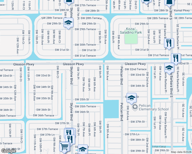 map of restaurants, bars, coffee shops, grocery stores, and more near 3305 Southwest 6th Avenue in Cape Coral