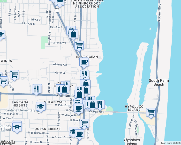 map of restaurants, bars, coffee shops, grocery stores, and more near 366 Moorings Drive in Lantana