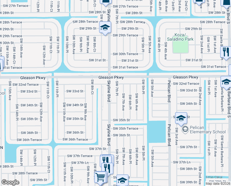 map of restaurants, bars, coffee shops, grocery stores, and more near 3306 Southwest 7th Place in Cape Coral